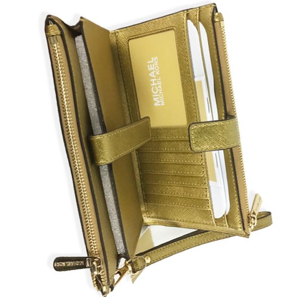 Michael Kors Gold Leather Jet Set Travel Large Double Zip Wristlet Wallet - Picture 5 of 6